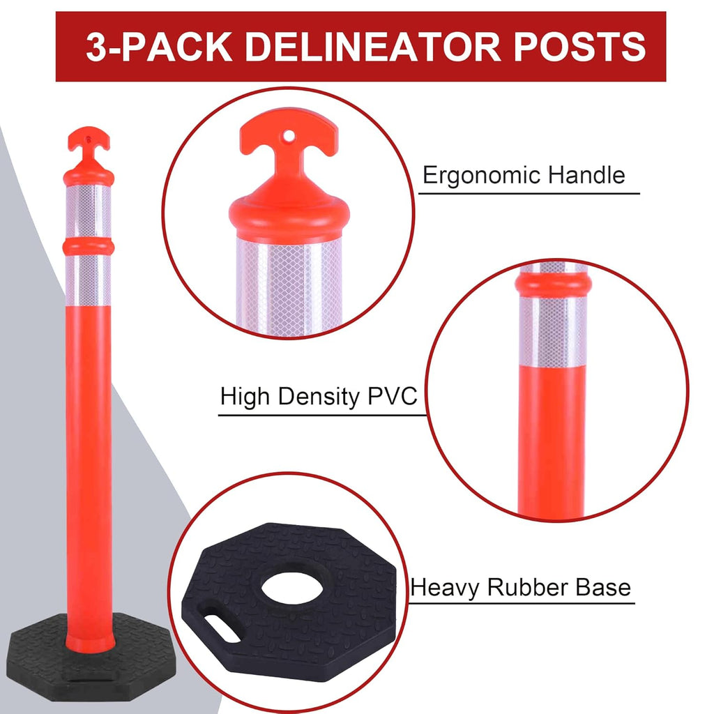 OrangeStar 3 Packs 45" Traffic Delineator Post with Base, Orange Delineator Post Cones w/Reflective Collar for Driving Practice, Construction Work, Parking Lot
