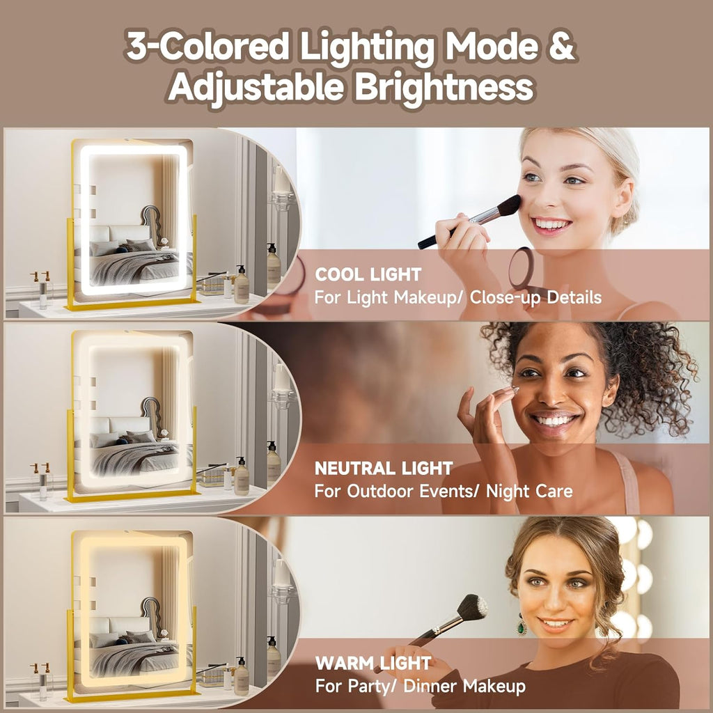 PRIMETEK Vanity Mirror with Lights, 19"x22" Large Makeup Mirror with Lights, LED Lighted Makeup Mirror, Touch Screen with 3-Color Lighting, Dimmable for Vanity Desk Tabletop, Bedroom, Gold