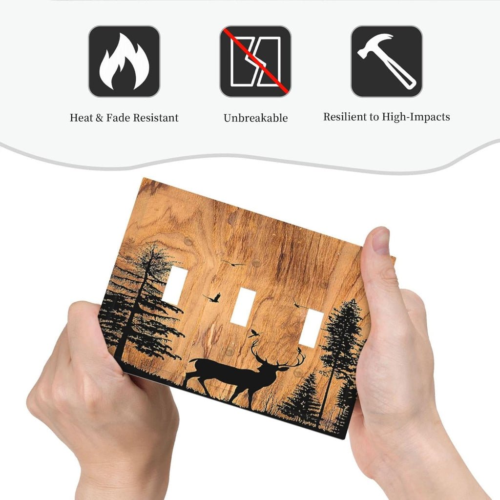Decorative Switch Plates Rustic Farmhouse Orange Brown Pine Tree Deer Wood Grain 3 Gang Wall Plate Triple Toggle Light Switch Cover Faceplate Electrical Wall Panels for living Room Decor