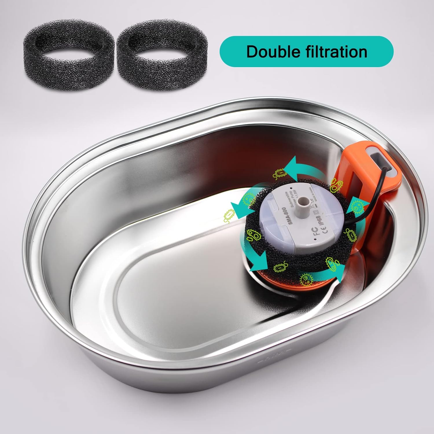 Cat Water Fountain Filters for Stainless Steel 67oz/2L Adjustable Water Flow Pet Fountain, 12 Pack Pet Replacement Filters with 12 Sponges