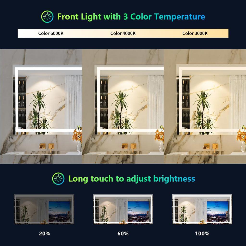 60x40 Inch RGB LED Bathroom Mirror Front Light and RGB Backlit Lighted Vanity Mirror for Bathroom Wall Mounted Dimmable Anti Fog Memory Shatter-Proof IP54 Waterproof Horizontal/Vertical