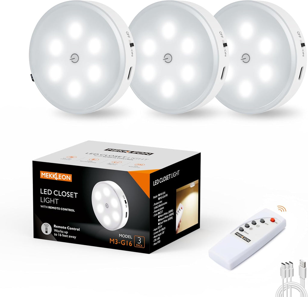 Puck Lights with Remote Control,1000mAh Rechargeable Under Cabinet Lighting,LED Closet Lights,3Pack Night Light,Cordless Stick On Lights for Under Cabinet,Hallway, Stairway,Closet (Cool White)
