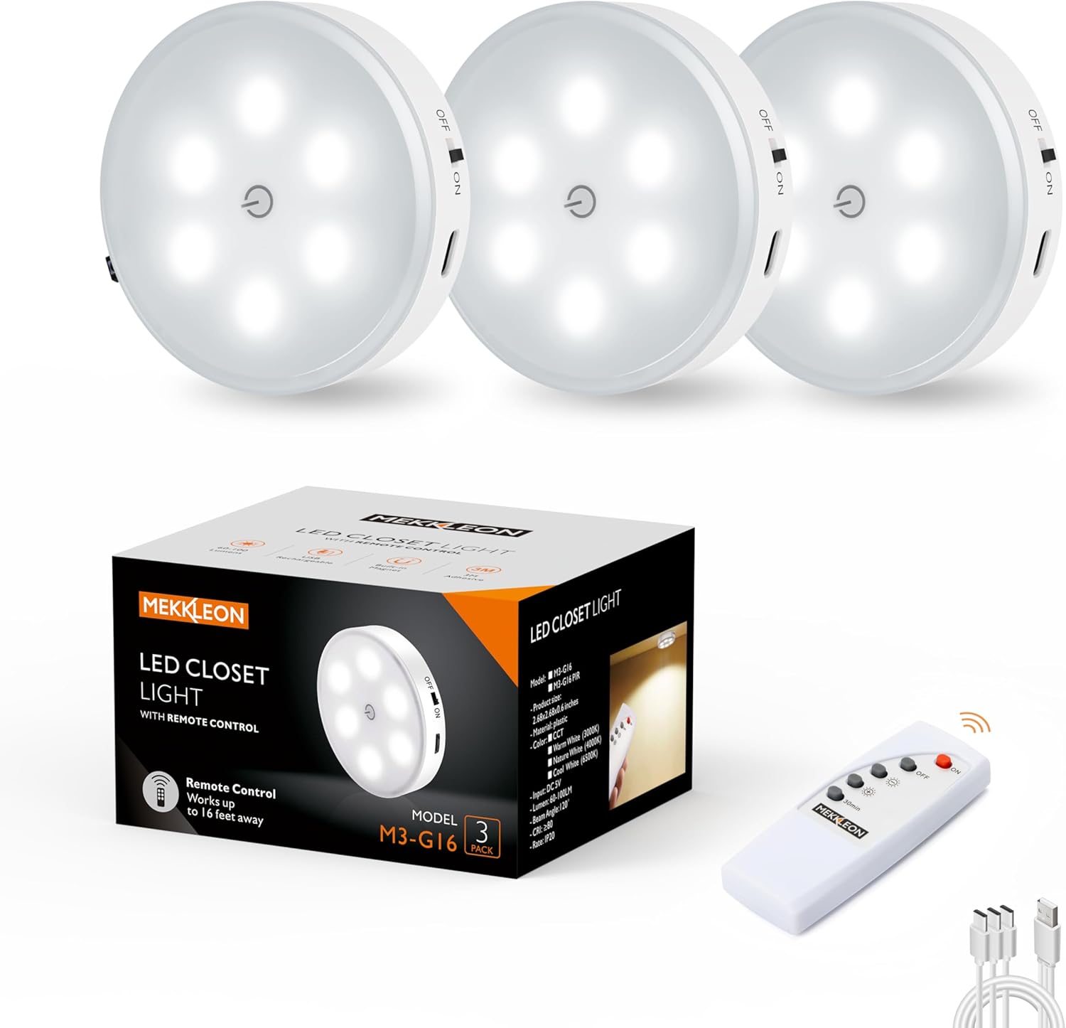 Puck Lights with Remote Control,1000mAh Rechargeable Under Cabinet Lighting,LED Closet Lights,3Pack Night Light,Cordless Stick On Lights for Under Cabinet,Hallway, Stairway,Closet (Cool White)