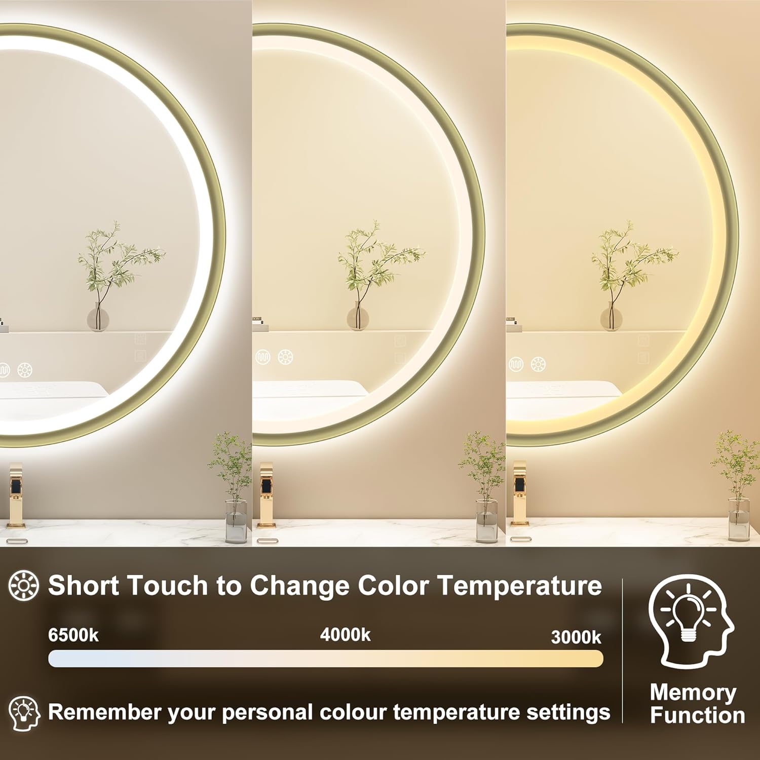 S'bagno 32" Round Gold LED Mirror for Bathroom With Frontlit & Backlit, Metal Frame, Anti-Fog, Stepless Dimmable, 3 Colors Temperature Vanity Mirror