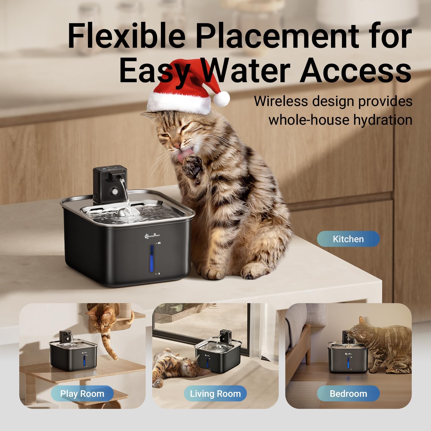 DownyPaws Cat Water Fountain Stainless Steel Wireless, 101 oz/3L FurSink Cordless Water Fountain for Cats, Battery Operated Cat Fountains for Drinking with Motion Sensor, Easy Clean, Black