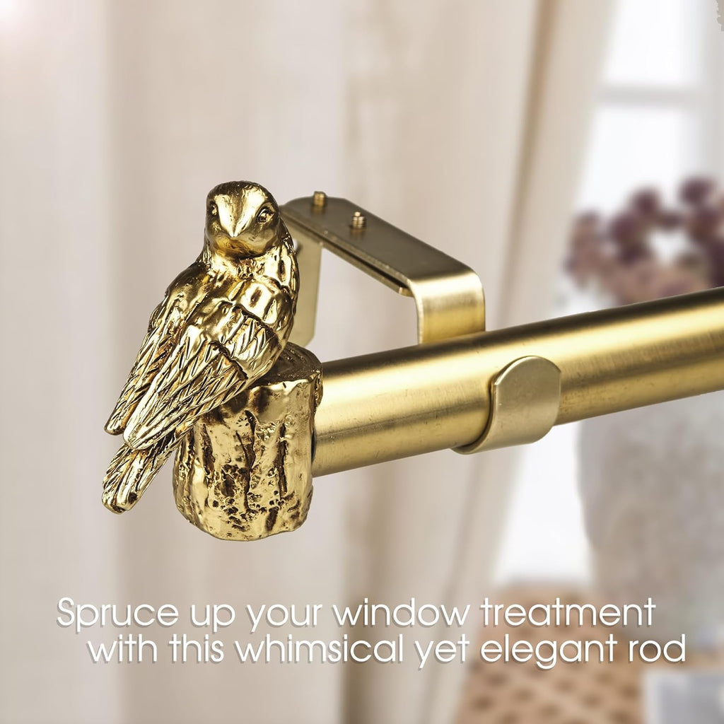 1-1/8 Inch Diameter Brushed Gold Curtain Rod with Bird Design Finials, 72-144'' Telescoping Single Curtain Rods for window width 68-140 inch, 1 pack