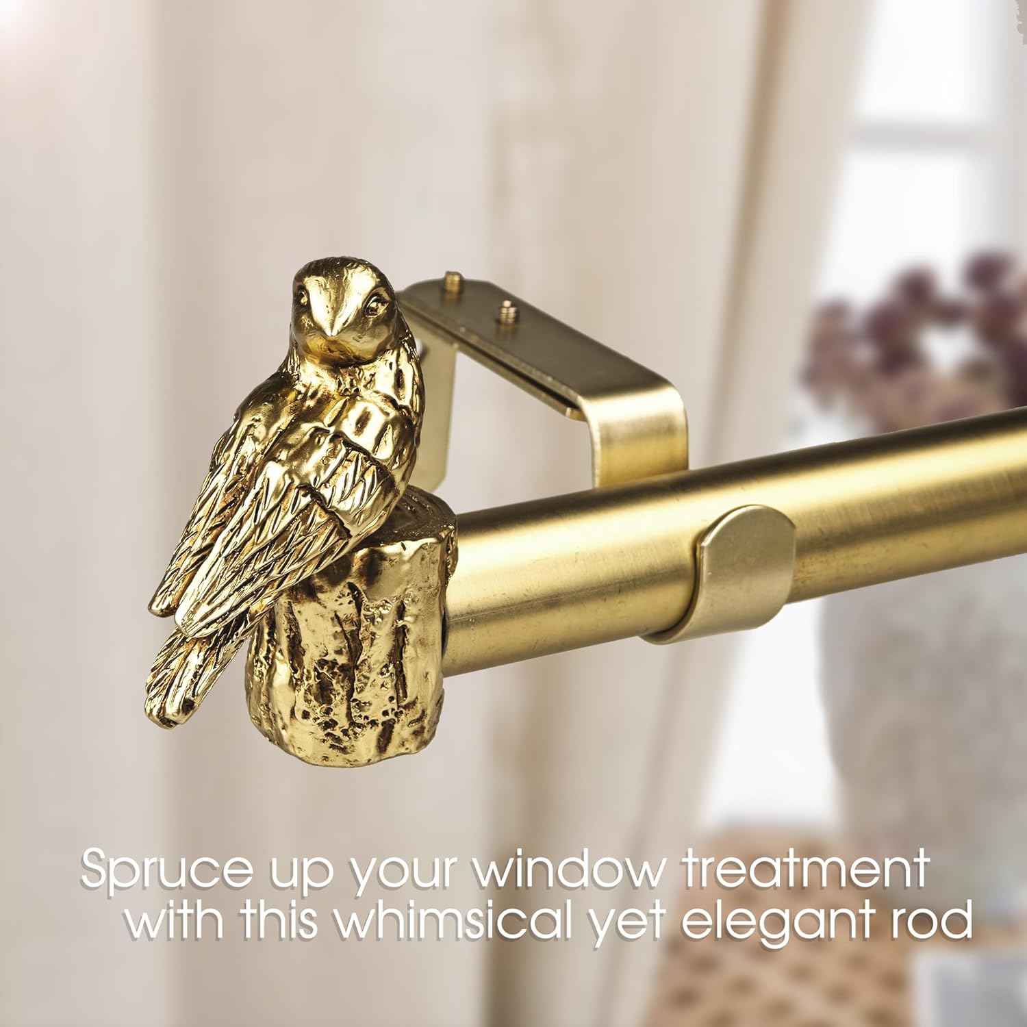 1-1/8 Inch Diameter Brushed Gold Curtain Rod with Bird Design Finials, 72-144'' Telescoping Single Curtain Rods for window width 68-140 inch, 1 pack