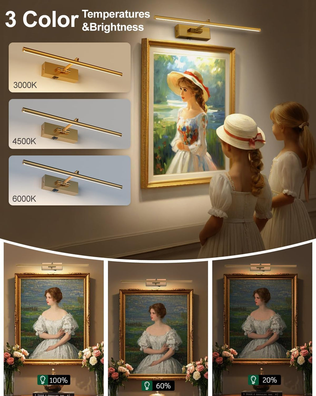 Battery Operated Picture Light with Wireless Remote 3CCT Dimmable Gold Wall Art Lights for Paintings 3 Color Rechargeable cordless decor Gallery Light 16’‘ Artwork Lighting for Canvas Timer Function