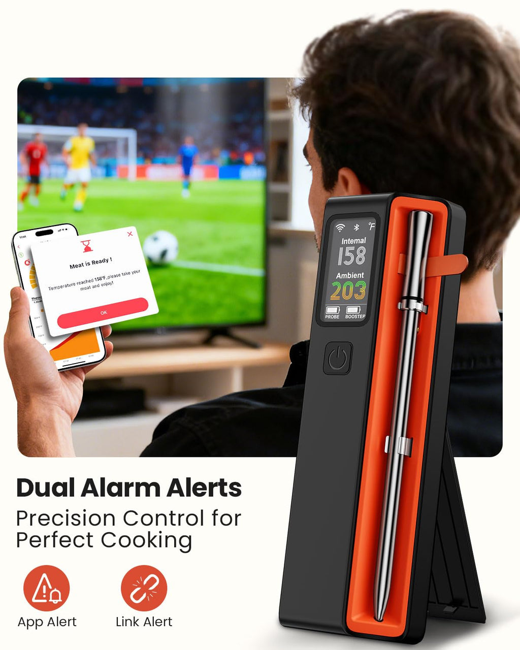 Wireless Bluetooth Smart Meat Thermometer: ±0.5°F Accuracy, 1 Probe with 6 Sensors - WiFi Digital Thermometer with LED Base, NIST Certified Accuracy, Long-Range for BBQ, Grill, Smoker, Oven