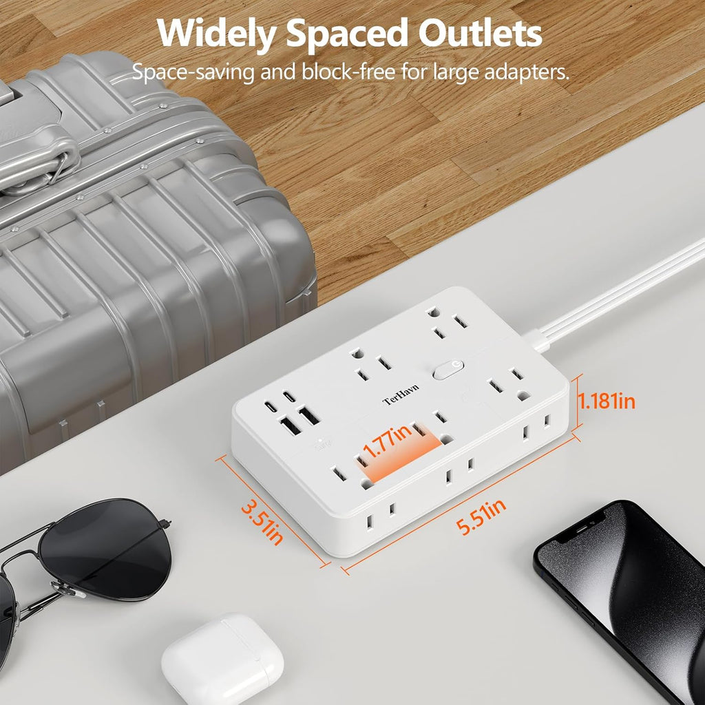 Surge Protector Power Strip 5 FT Flat Extension Cord ，10 AC Outlets & 4 USB Ports(5V/3.4A 17W), 1080J ，Wall Mountable Desktop Charging Station with Flat Plug for Office Supplies and Home, White