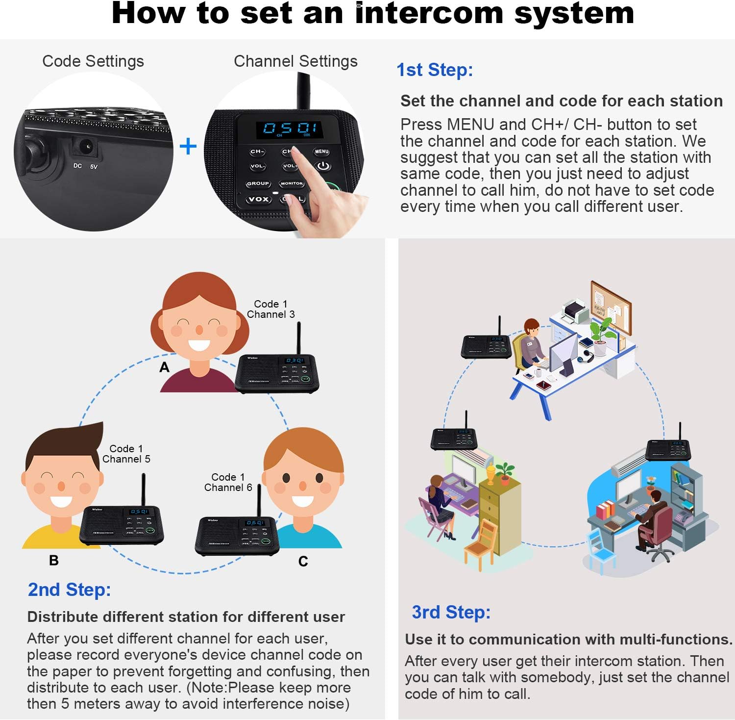 Wuloo Intercoms Wireless for Home 1 Mile Range 22 Channel 100 Digital Code Display Screen, Wireless Intercom System for Home House Business Office, Room to Room Intercom Communication (6 Packs, Black)
