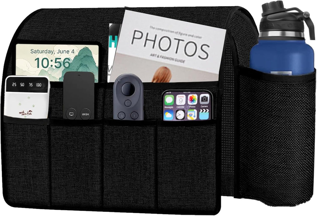 Ntomtuex Sofa Armchair Caddy Remote Control Holder with Water Bottle for Couch Recliner, Armrest Organizer with 7-Pocket Design for Magazines, Eyeglasses, iPad, Phone, Black