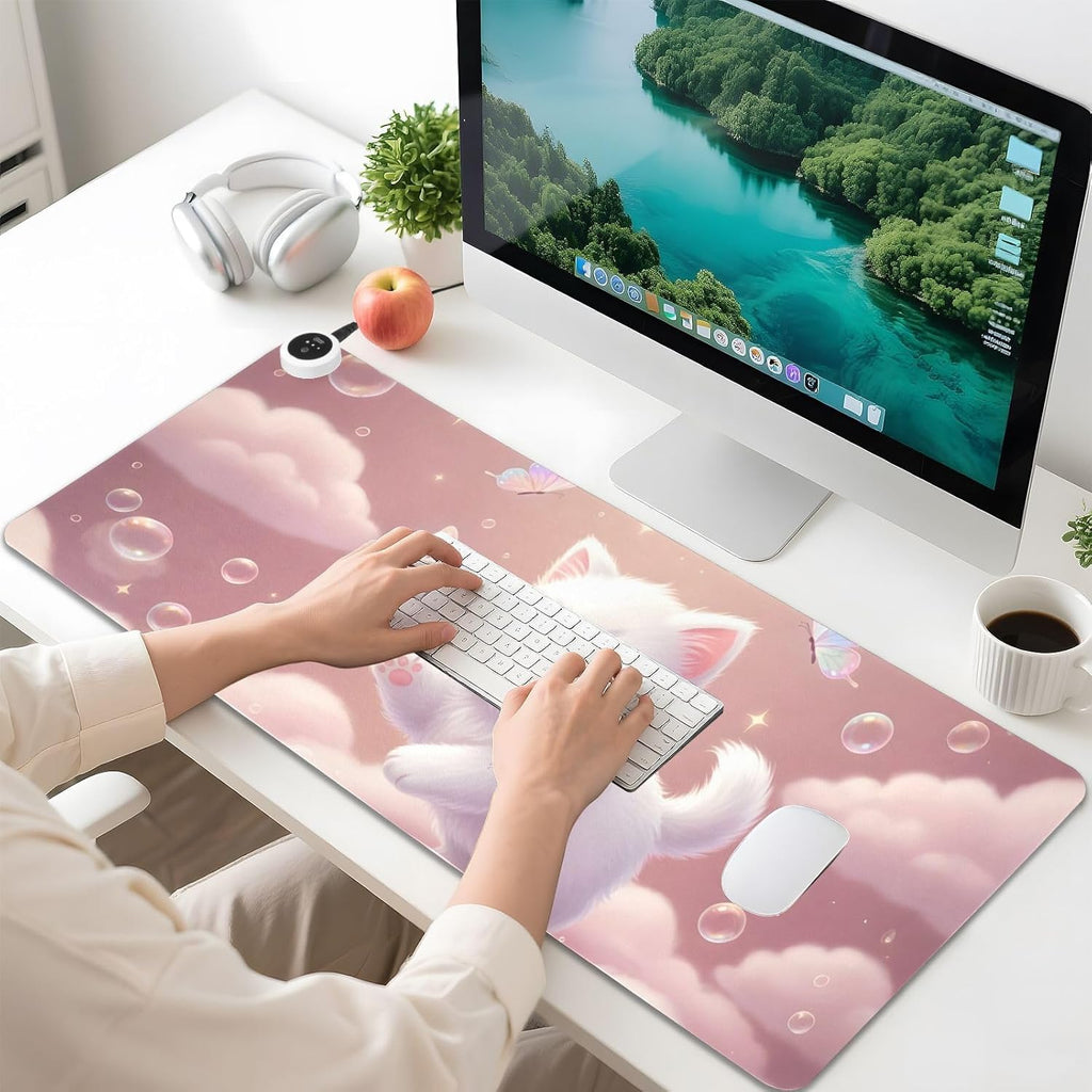 Large Heated Mouse Pad,Leather Desk Mat,31.5"x13",Hand Warmer Pads for Desk,Kitty Bubbles(Pale Pink)