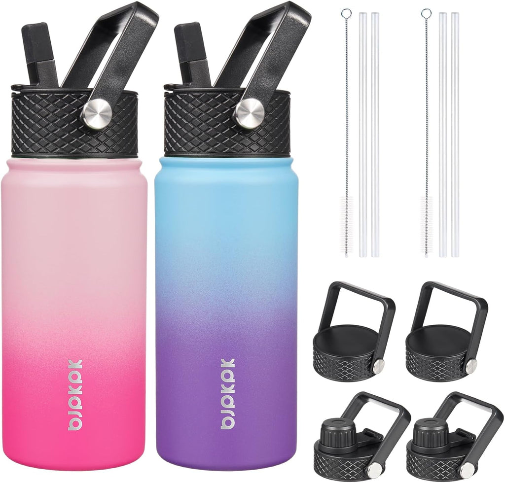 BJPKPK 2 Pack Insulated Water Bottles with Straw Lids, 18oz Stainless Steel Metal Water Bottle with 6 Lids, Leak Proof BPA Free Jugs, Cups, Flasks for Travel, Sports (Cherry+Ocean Dream)