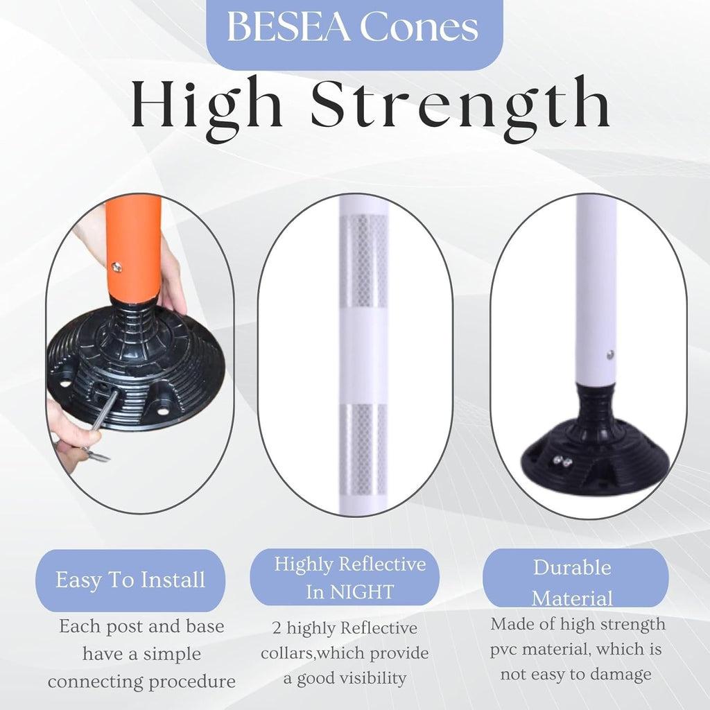 BESEA 8PCS 48" Traffic Delineator Posts with Detachable Base & High-Visibility Reflective Collars,White Durable Flexible Safety Cones for Work Zones, Parking Lots, and Roadways