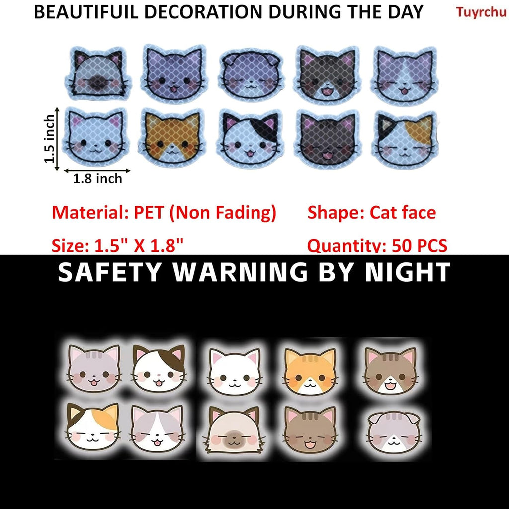 Reflective Stickers 50 Pcs, Outdoor Waterproof High Visibility Warning Safety Adhesive Reflector (1.5" X 1.8", Cat face)