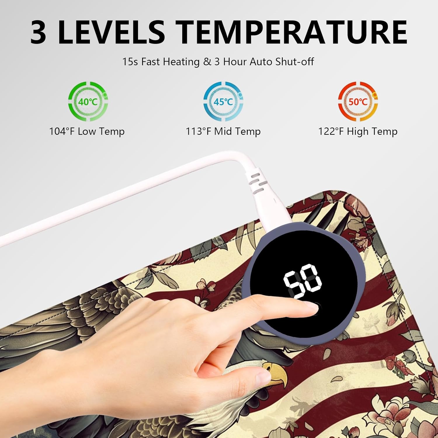 Heated Mouse Pad with 3 Levels Heated & 3 Hours Auto Shut-Off Mouse Pad for Warming Hands in Office Home, 23.6" x 14.2"Large Safe Desk Mat Hand Warmer，Flying Eagle Flag Flowers