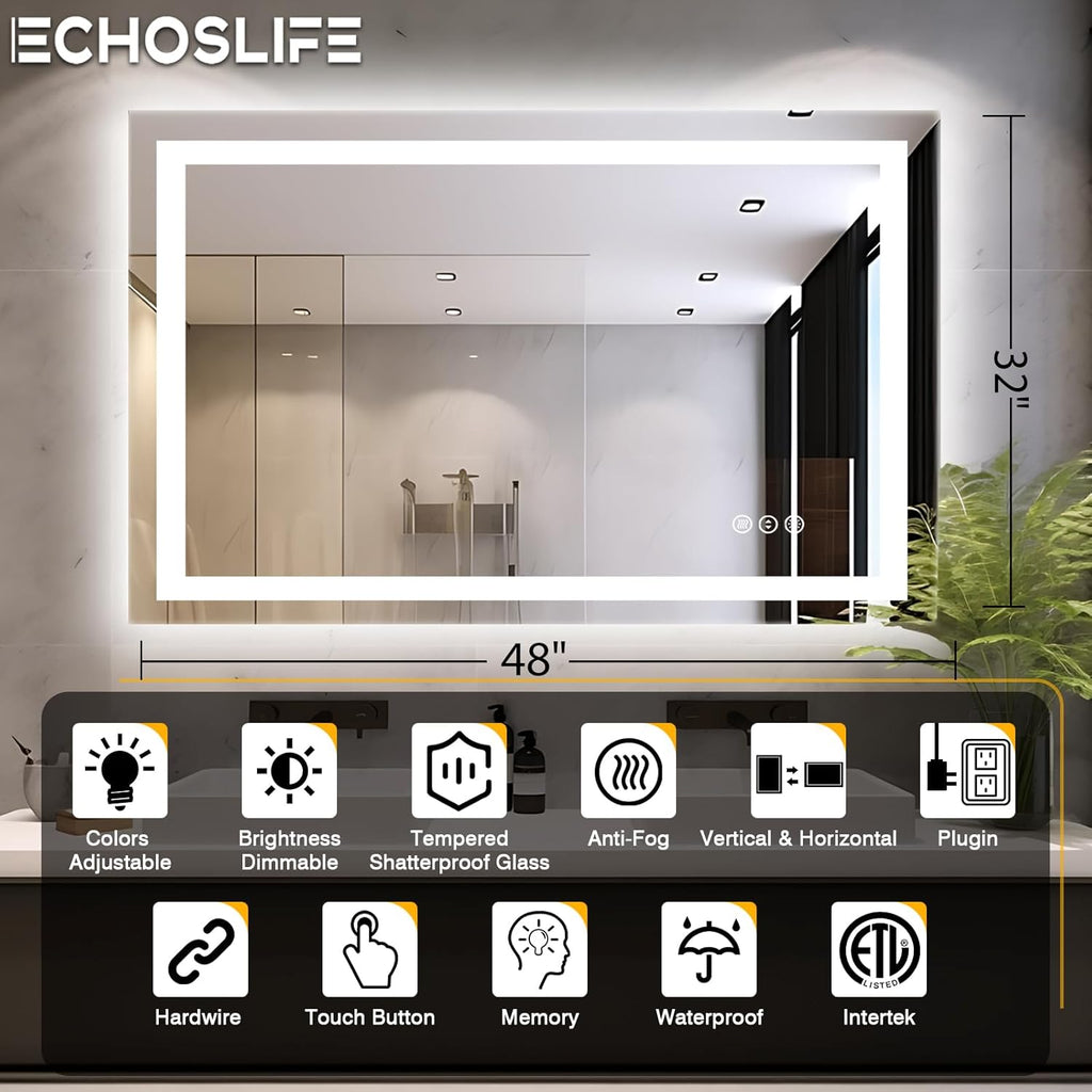 48"x32" LED Bathroom Mirrors for Wall, Front and Backlit Mirror, Anti-Fog Vanity Mirror with Lights, Stepless 3 Colors Dimmable Lighted Mirror(Horizontal/Vertical)