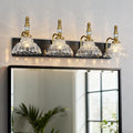 Vintage Bathroom Vanity Light, 4-Light Black Gold Vanity Lighting Fixture with Flower Glass Shade, Bathroom Lighting Fixtures Over Mirror