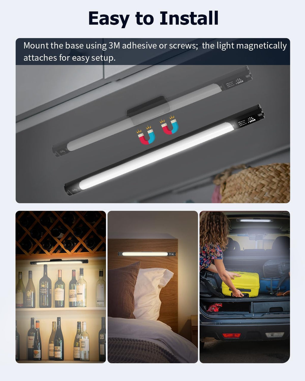 Under Cabinet Lights, 3 Color Dimmable Motion Sensor Light Indoor, 14 Inch Wireless Closet Lights 64 LED with Digital Display, 3600mAh Rechargeable Battery Operated Under Counter Light