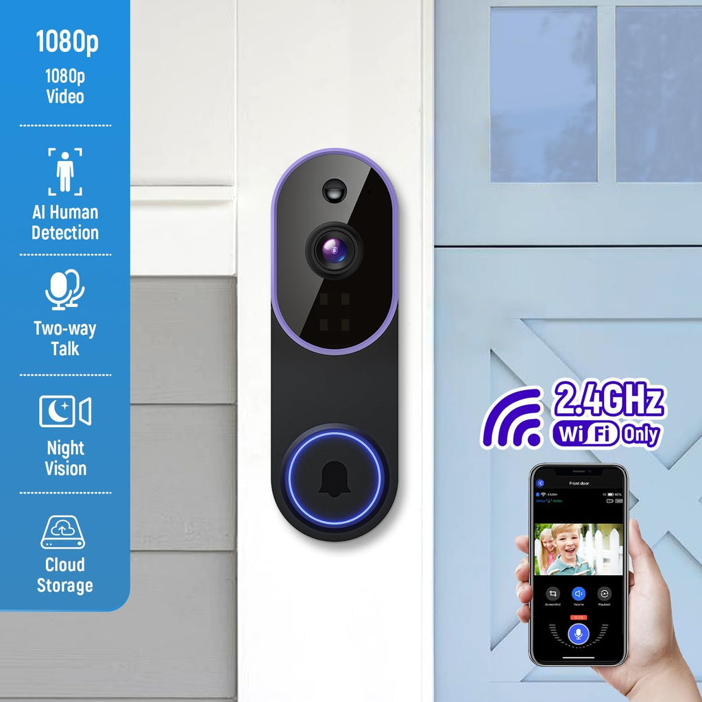 1080p Smart Video Doorbell Camera Wireless, Doorbell Receiver Included, Live View, AI Human Detection, Night Vision, Cloud Storage, 2.4G WiFi, Battery Powered, Indoor Outdoor Surveillance