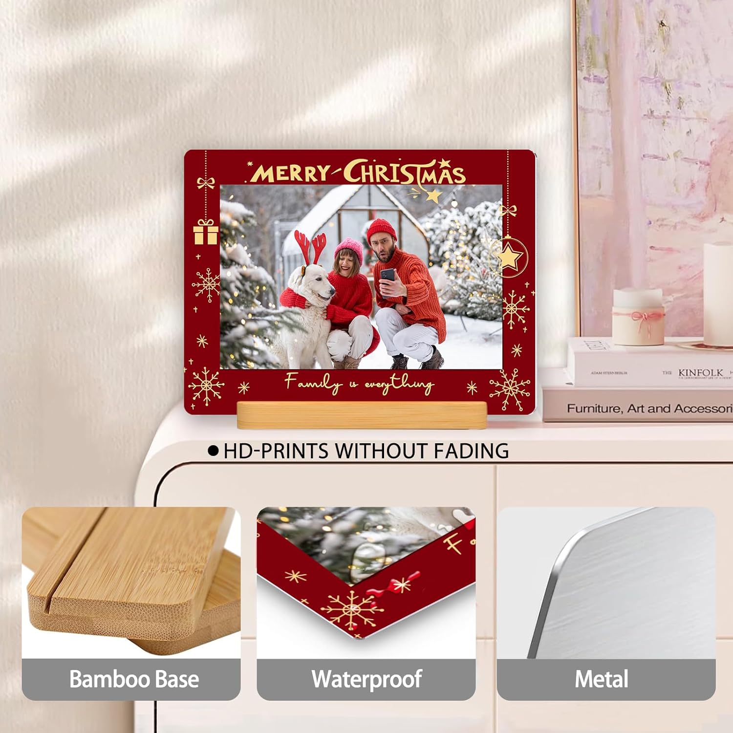 Custom Photo Prints - Metal Desktop Picture Frame with Photos & Text & Wooden Base Personalized Christmas Gifts for Family Lovers Pets and Friends, Optional Multiple Sizes