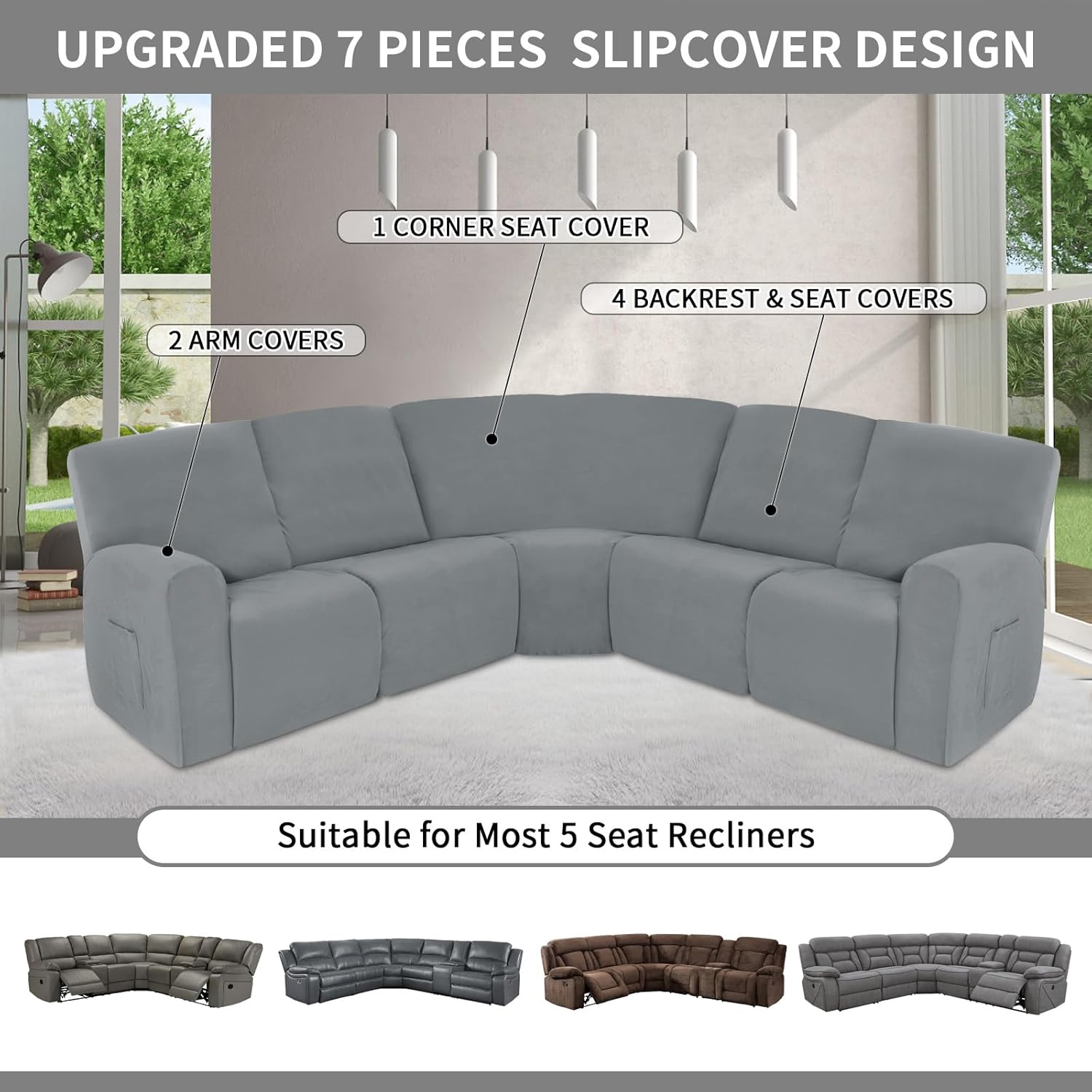 Easy-Going 100% Waterproof Recliner Cover, Stretch Couch Covers for Reclining Couches, Extra Large Sectional Sofa Slipcover, L-Shape Furniture Protector for Kids & Pets, 5 Seater, Light Gray