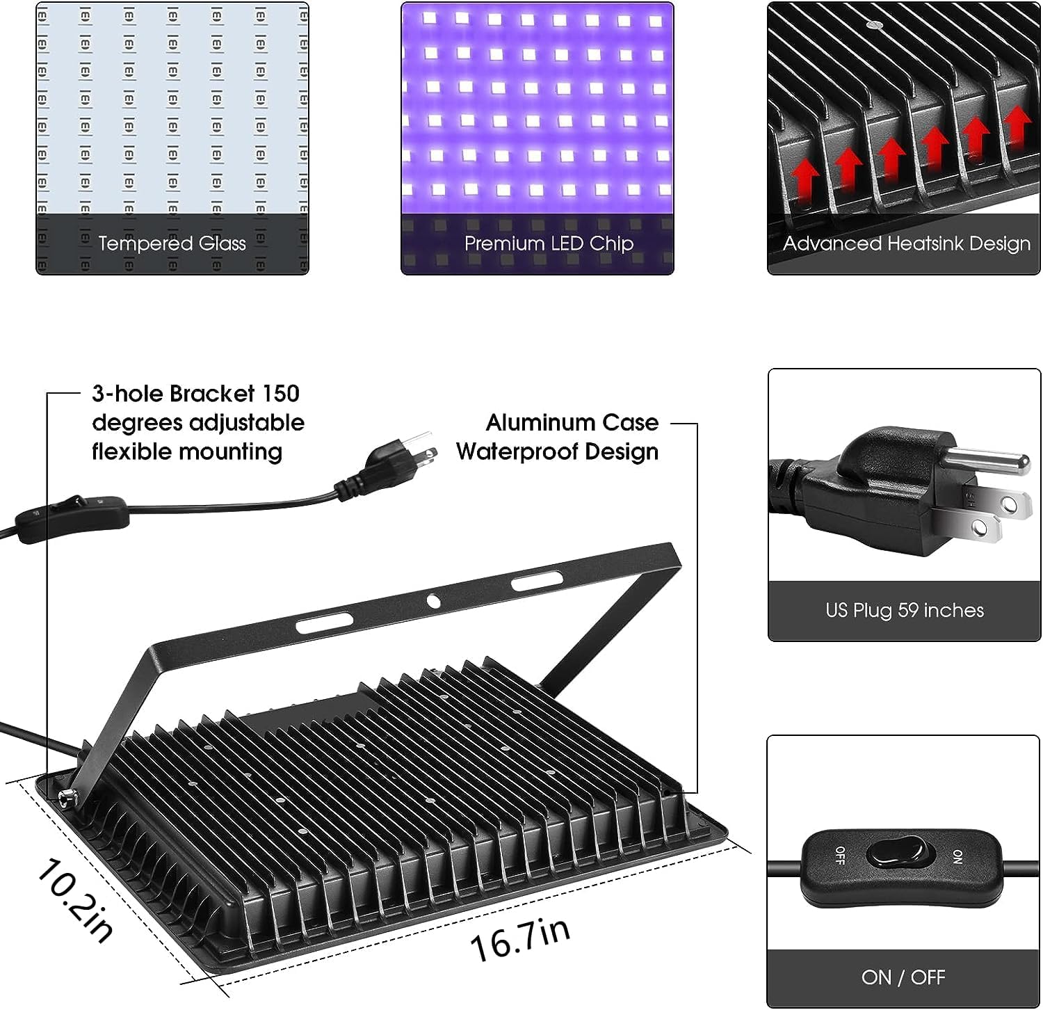 2 Pack 500W LED Black Lights,Outdoor Flood Blacklight Light with Plug, IP66 Waterproof 395nm to 410nm forGlow in The Dark, Dance Party, Stage Lighting, Body Paint, Fluorescent Poster, Neon Glow