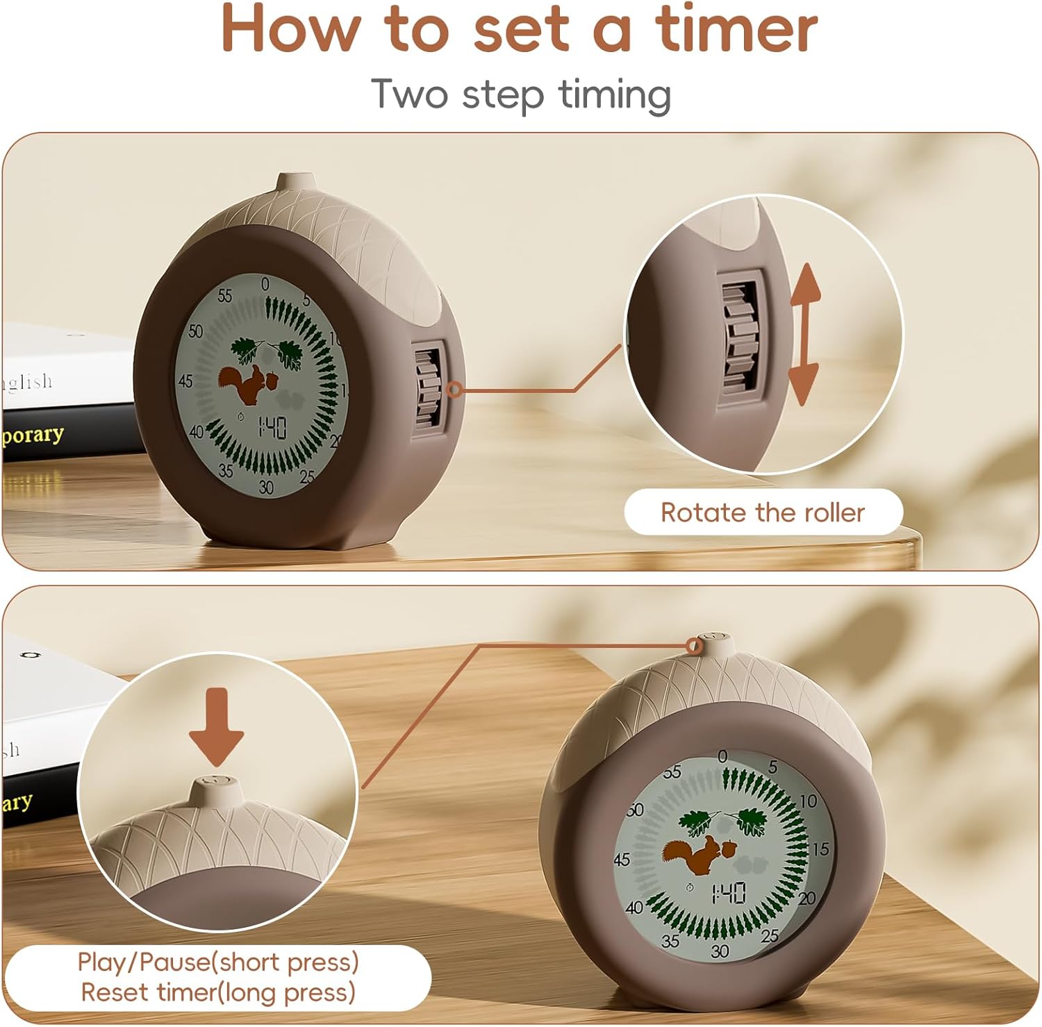 Visual Timer for Kids, 299-Minute Cute Kids Squirrel Timer with Eye-Protection Screen & Protective Case, Homeschool Supplies Study Teaching Time Management Tool