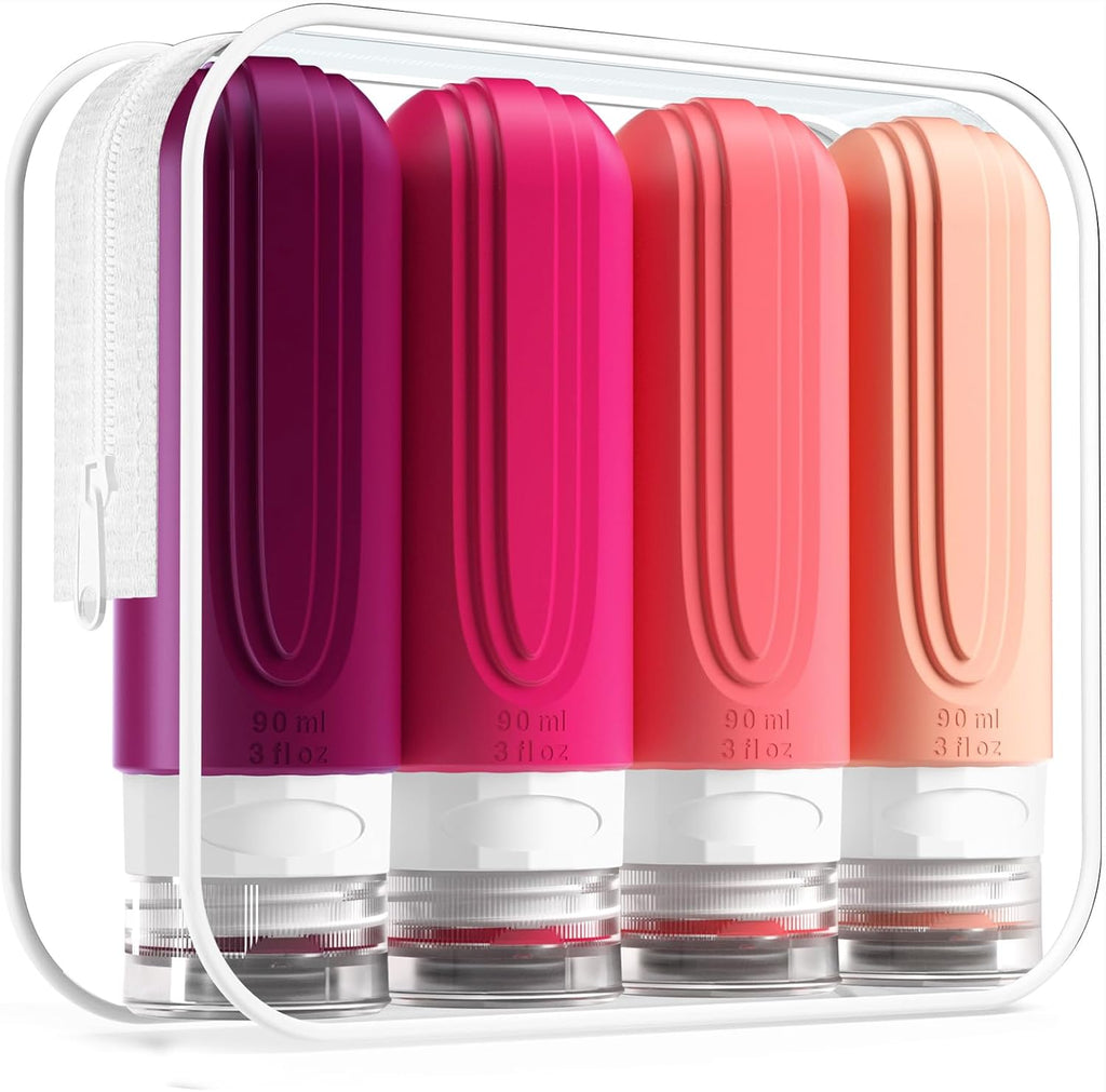 Travel Bottles for Toiletries, Tsa Approved 3oz Travel Size Containers BPA Free Leak Proof Refillable Liquid Silicone Squeezable Travel Accessories for Shampoo Conditioner Lotion (4 Pack)