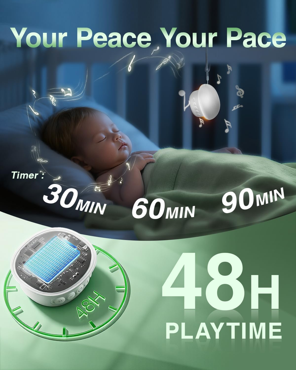 Portable White Noise Sound Machine for Baby Kids Adults with 20 Natural Soothing Sounds, 48H Playback, 30-Level Volume, 3 Timers, Memory & Night Light, Noise Canceling for Sleeping, Home, Travel, Mini