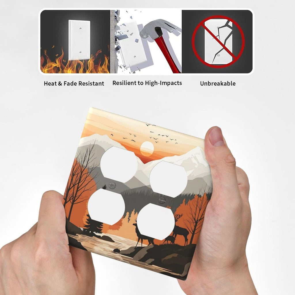 Sun Forest Deer Snow Mountain River Outlet Covers 2 Gang Double Duplex Decorative Light Switch Covers Electrical Wallplates Socket Faceplate For Bed Room Living Room Decor