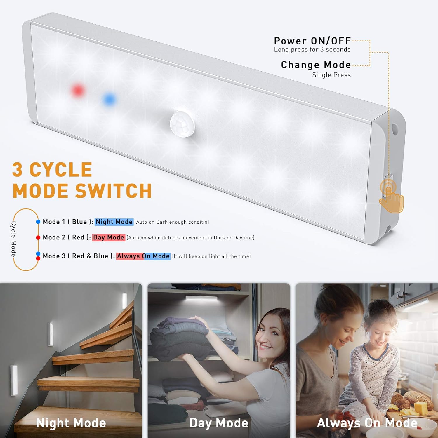 LED Closet Light, 5 Pcs 3 Color Temperatures Dimmer USB Rechargeable Motion Sensor Light Under Cabinet Lighting, Stick-Anywhere Night Safe Light Bar for Wardrobe,Kitchen