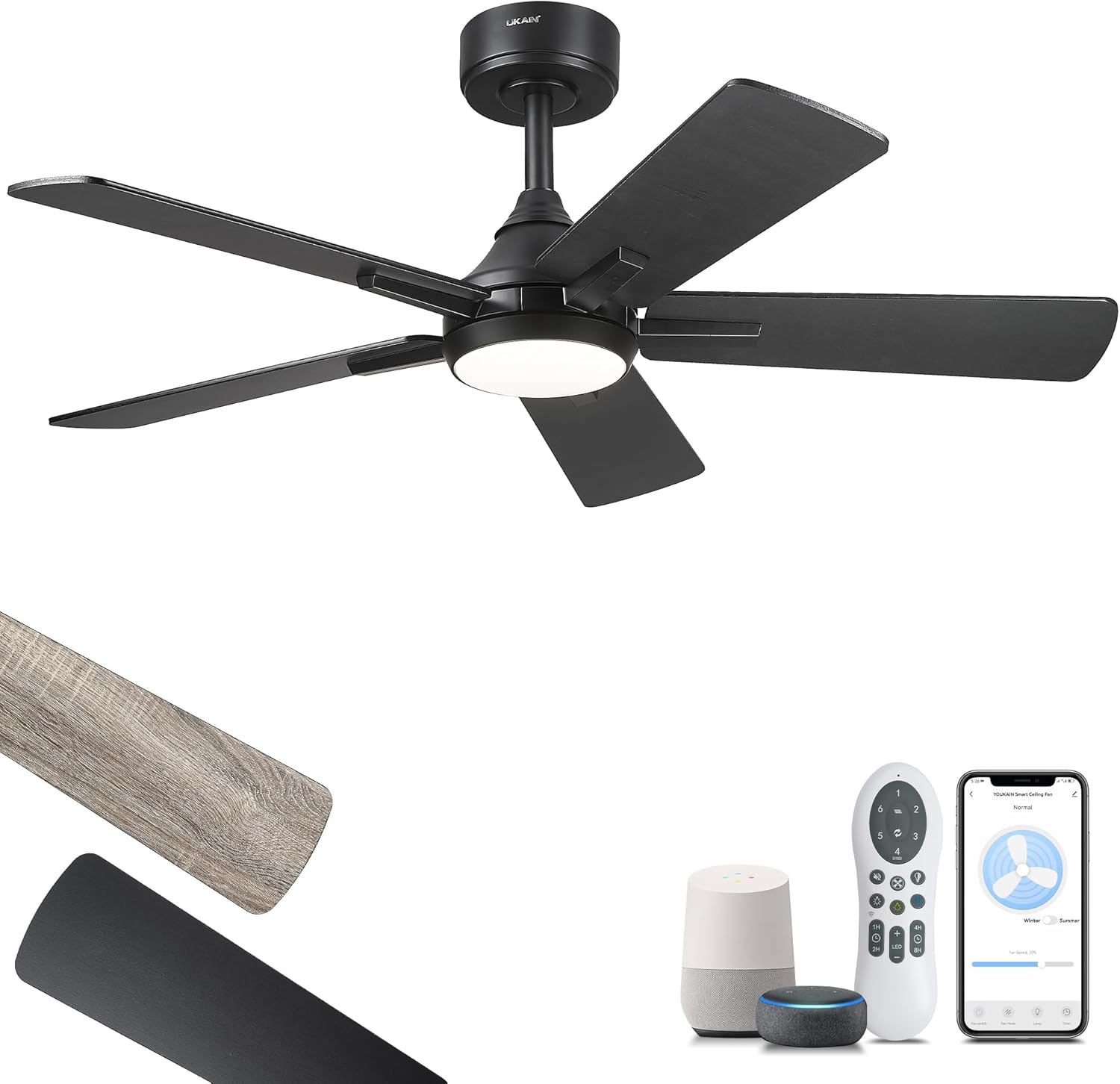 YOUKAIN Ceiling Fans with Lights, 42 Inch Black Ceiling Fans, Smart Ceiling Fan Works with Voice Control & Remote Control, Reversible Blades, Modern Led Ceiling Fan for Bedroom, 42-YJ812-BK