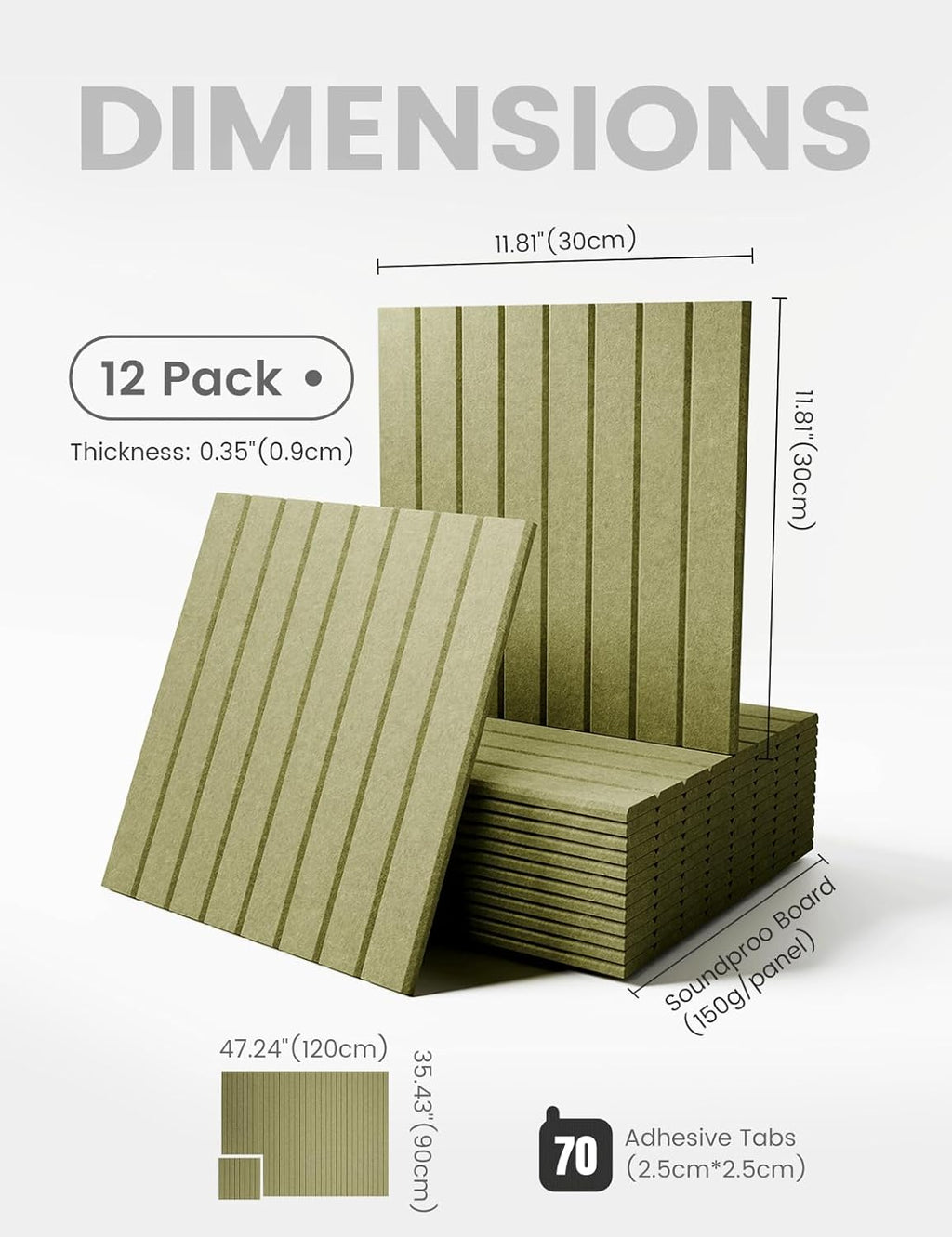 Large Felt Bulletin Board 48" x 36" Cork Board Alternative-12 Pack with 70 Safe Removable Adhesive Tabs, Cork Boards for Walls Cork Board for Home Office Classroom Pin Board (Olive Green)