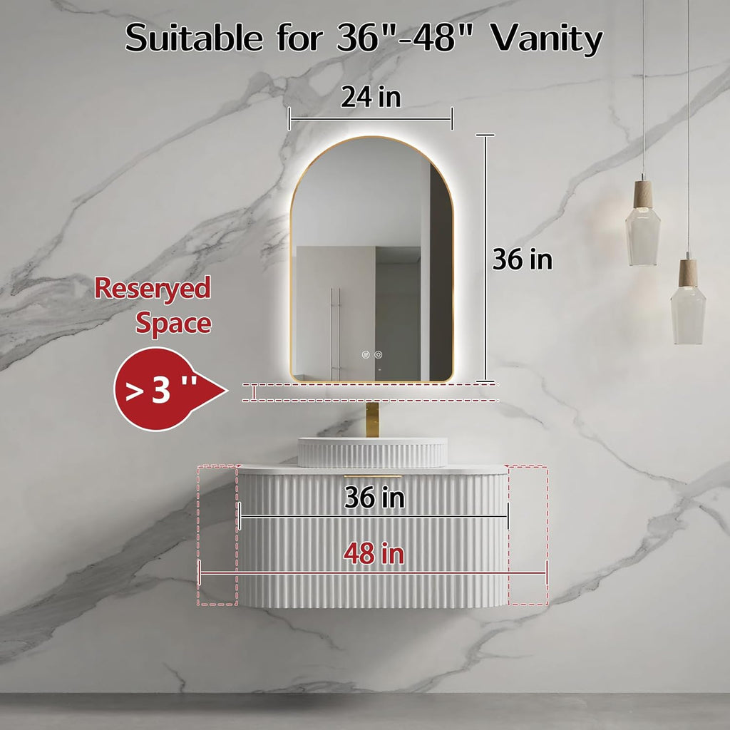 Niccy Arched LED Lighted Bathroom Mirror, 36x24 Inch Backlit Vanity Bathroom Mirror with Lights Brushed Gold Framed Wall Mounted Mirrors with 3 Color Shatterproof Arch Smart Fog Free Mirror
