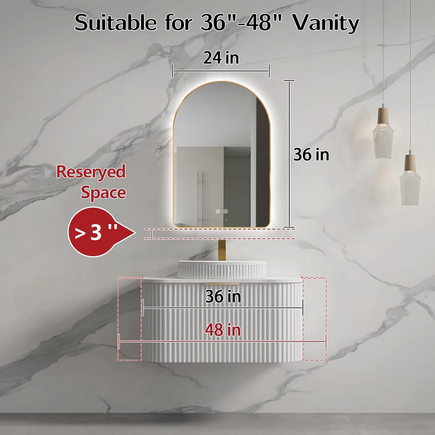 Niccy Arched LED Lighted Bathroom Mirror, 36x24 Inch Backlit Vanity Bathroom Mirror with Lights Brushed Gold Framed Wall Mounted Mirrors with 3 Color Shatterproof Arch Smart Fog Free Mirror