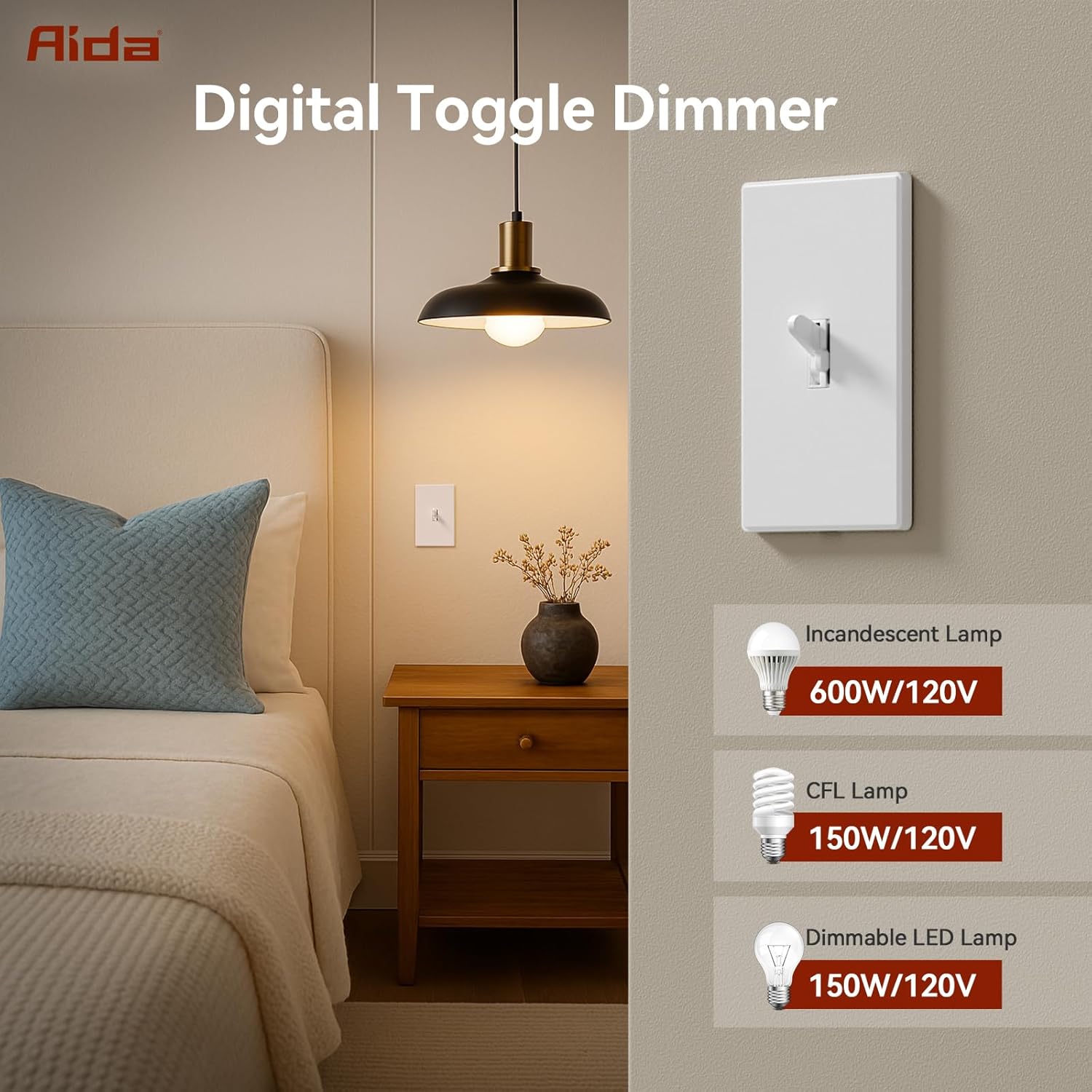 AIDA Digital Toggle Dimmer Switch for Dimmable LED, CFL & Incandescent Bulbs, Single Pole/3-Way, Screwless Wall Plate Included, UL Listed, No Neutral Wire Needed, Matte White (4 Pack)