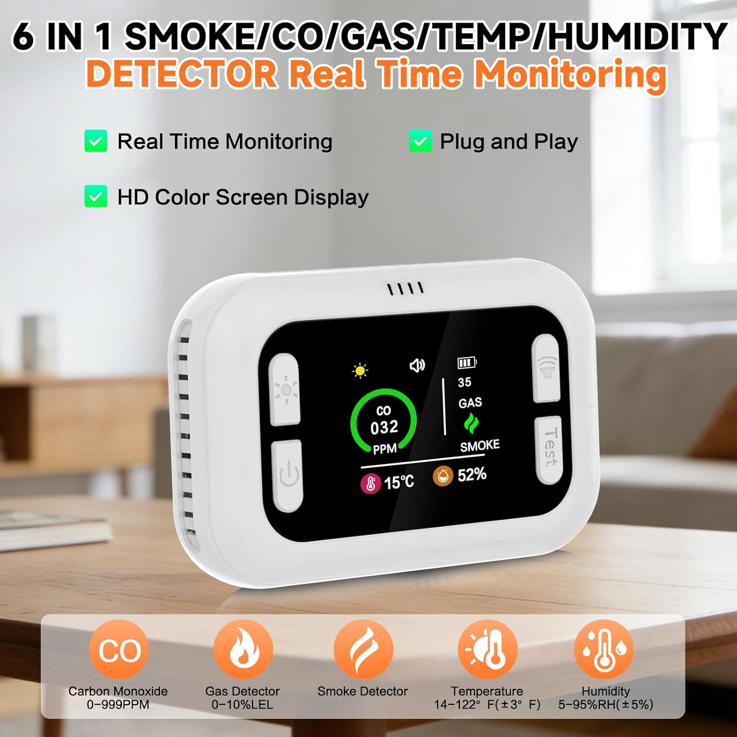 6 in 1 Carbon Monoxide Detectors Plug in, Natural Gas Detector with Smoke, Temp & Humidity Alarm, Portable 1000mAh Battery Backup, HD Digital Screen, 24/7 Home Safety for House, RV, Apartment, Travel