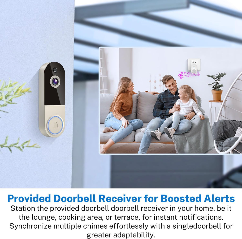 1080p Wireless Doorbell Camera with Receiver, AI Human Detection, 2-Way Audio, Night Vision, Cloud Storage (Sold Separately), Real-Time Alerts, Rechargeable Battery-Powered, 2.4Ghz Wi-Fi