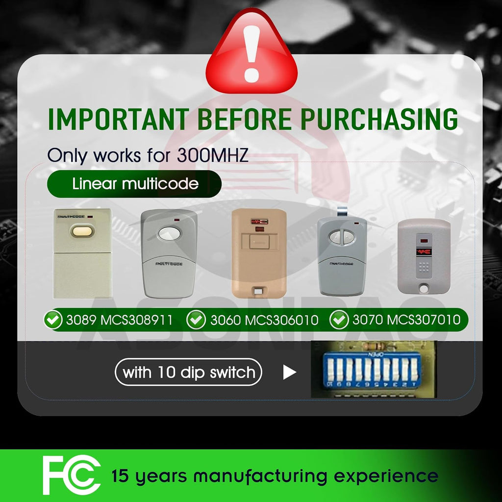 2 for Multicode Linear 308911, 10 Dip Switch Gate Opener Remote 300MHz, Multi Code Garage Door Opener Remote, 3-Year-Warranty