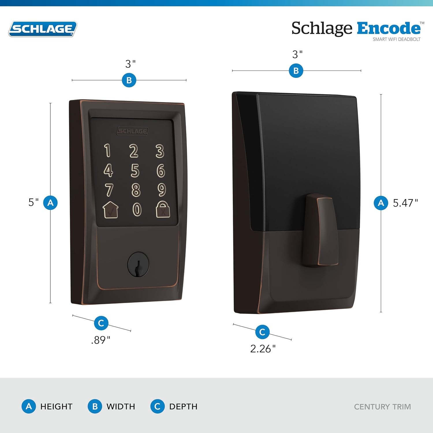 Schlage Encode Smart WiFi Deadbolt Lock for Front Door - Keyless Entry with App or Touchscreen - Works with Alexa, Hey Google, & Airbnb - Create Codes for Guests - Aged Bronze