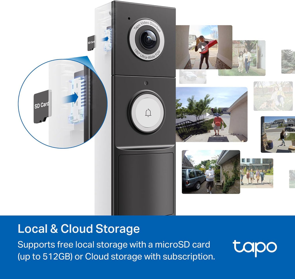 Tapo by TP-Link Smart Video Doorbell Camera with Chime, Battery or Wired, 2K QHD Color Night Vison, No Monthly Fee, 180° Ultra-Wide Head-to-Toe View, Ring Call, Free AI Detection, Local Storage (D225)