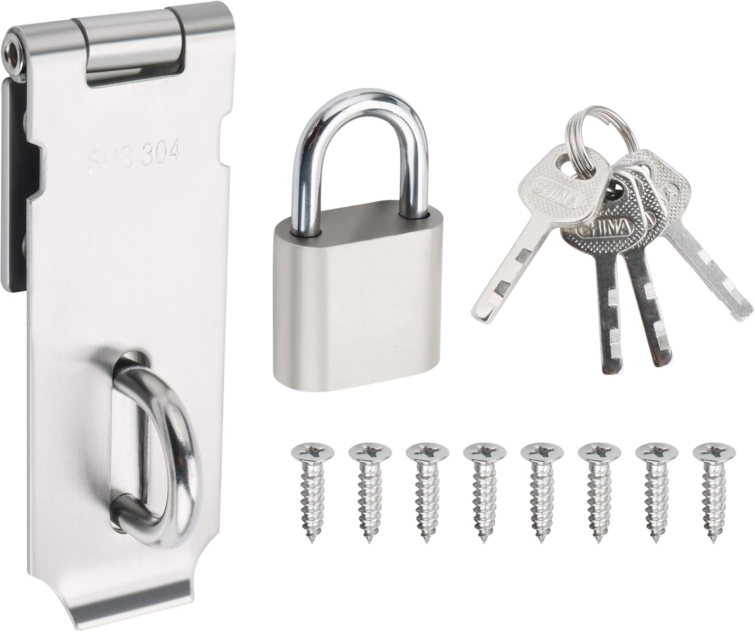 Alise Door Lock Hasp Latch with Padlock,4 Inch SUS 304 Stainless Steel Safety Packlock Clasp Hasp Lock Latch, with Fixing Screw for External Doors Window Cabinet Pet Cage, Brushed Finish,MST009-LS
