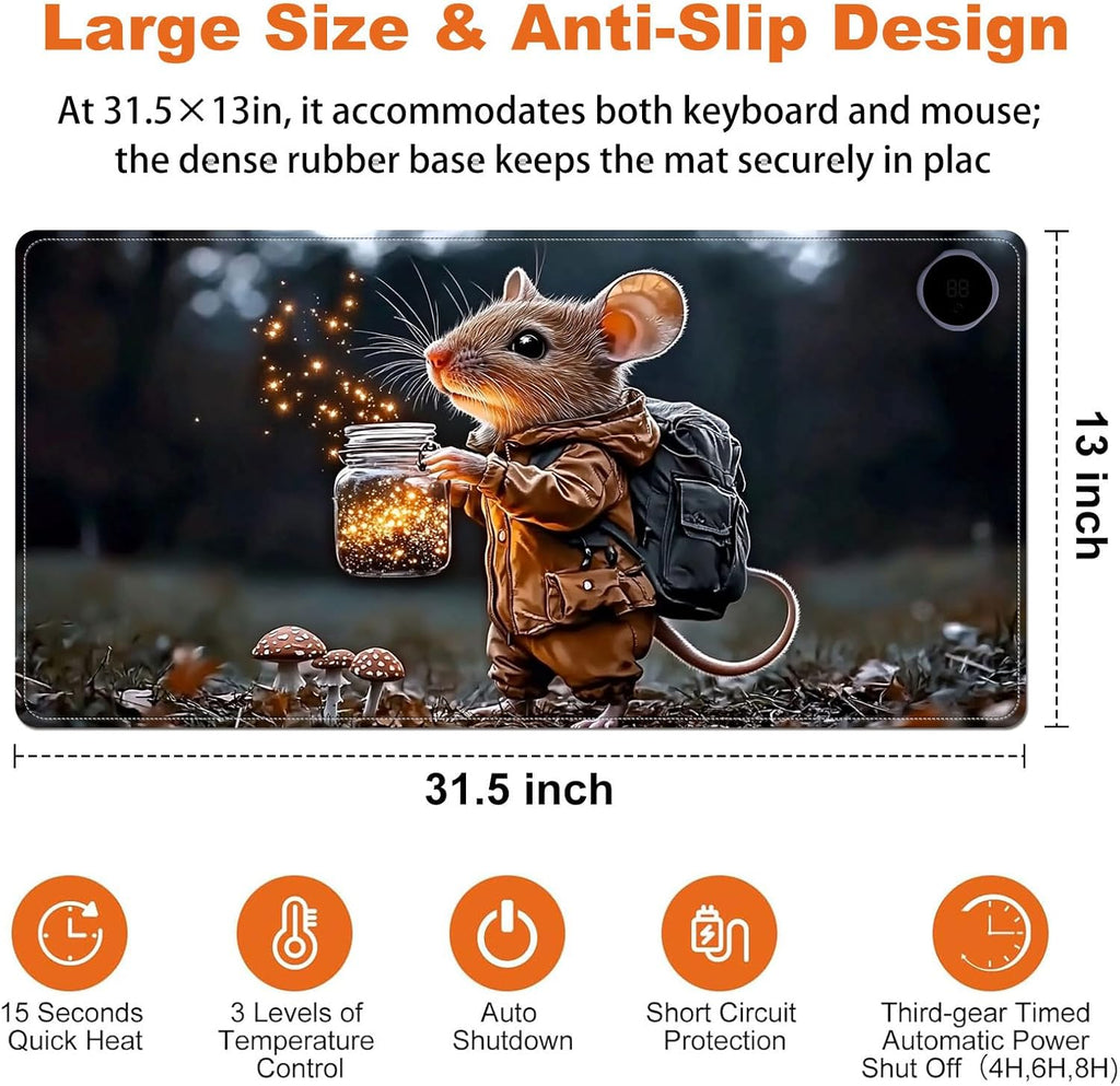 Heated Mouse Pad for Desk 31.5" x 13" – PU Leather Warm Desk Pad with 3 Heat Levels (104°F/113°F/122°F), Plug-in Electric Heating Mat with Auto Shut-Off, Waterproof & Rollable, Mouse with Lantern