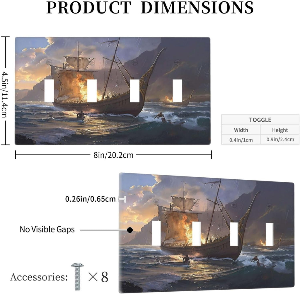 Light Switch Cover Plate Medieval Vintage Sailing Adventure Sailings Ocean Waves 4 Gang Quad Toggle Wall Plate Electrical Outlet Cover Decorative Switch Plate Covers for Bedroom Cabin Decor