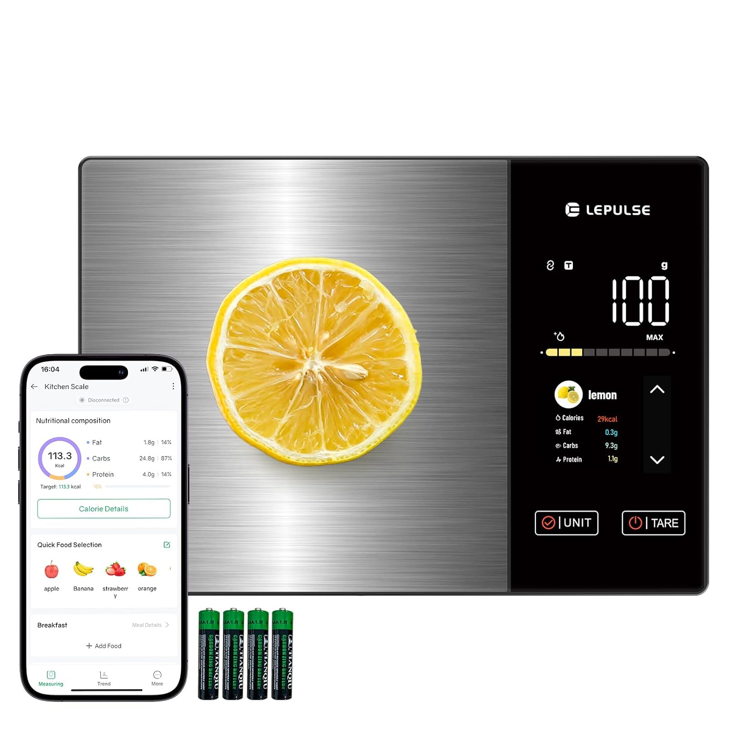 Food Scale with Nutritional Calculator, Smart Digital Kitchen Scale for Weight Loss, App with 23 Nutrients Tracking, Calorie, Fat, Carbs, Premium Stainless Steel, 11lb