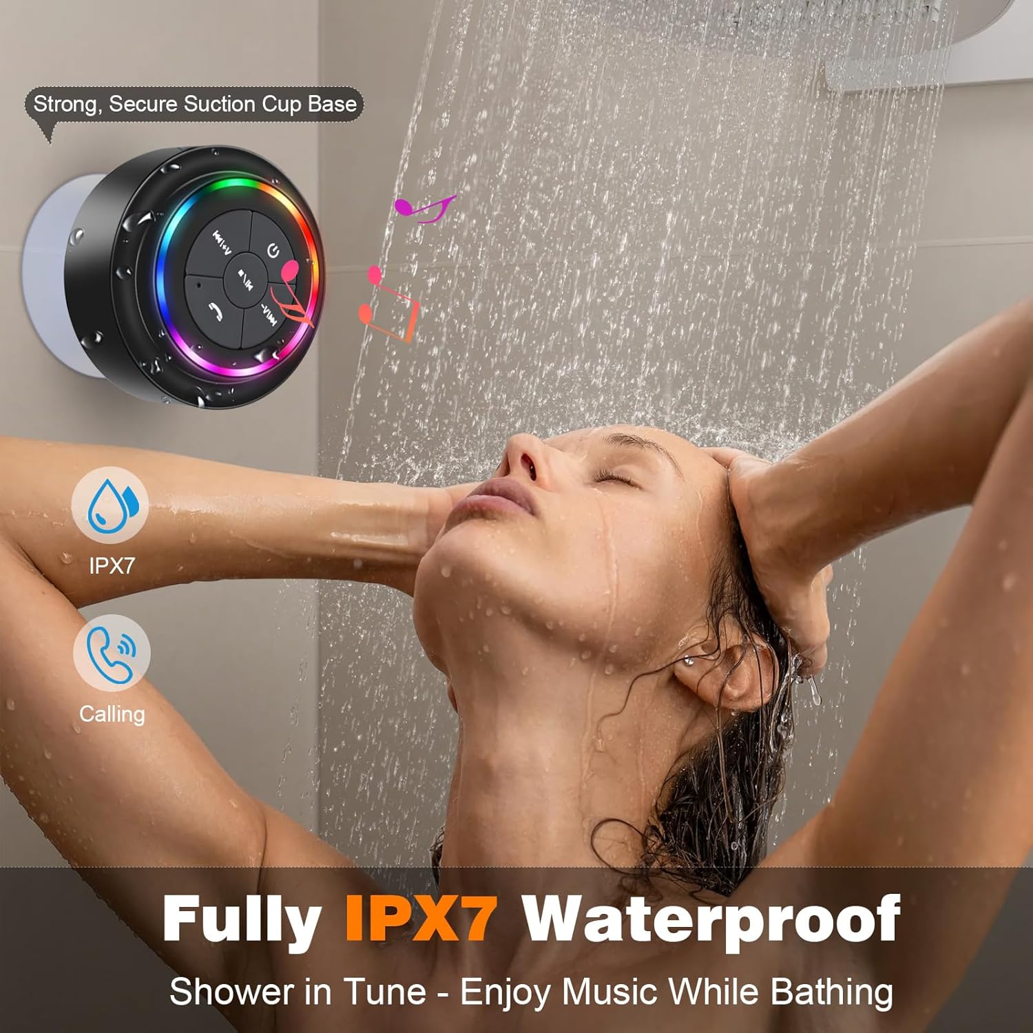 Shower Speaker Bluetooth Waterproof, Mini Portable Wireless Speaker with LED Lights, Suction Cup, Floating,Crystal Sound, for Bathroom Travel Beach Pool, Ideal Electronic Gifts