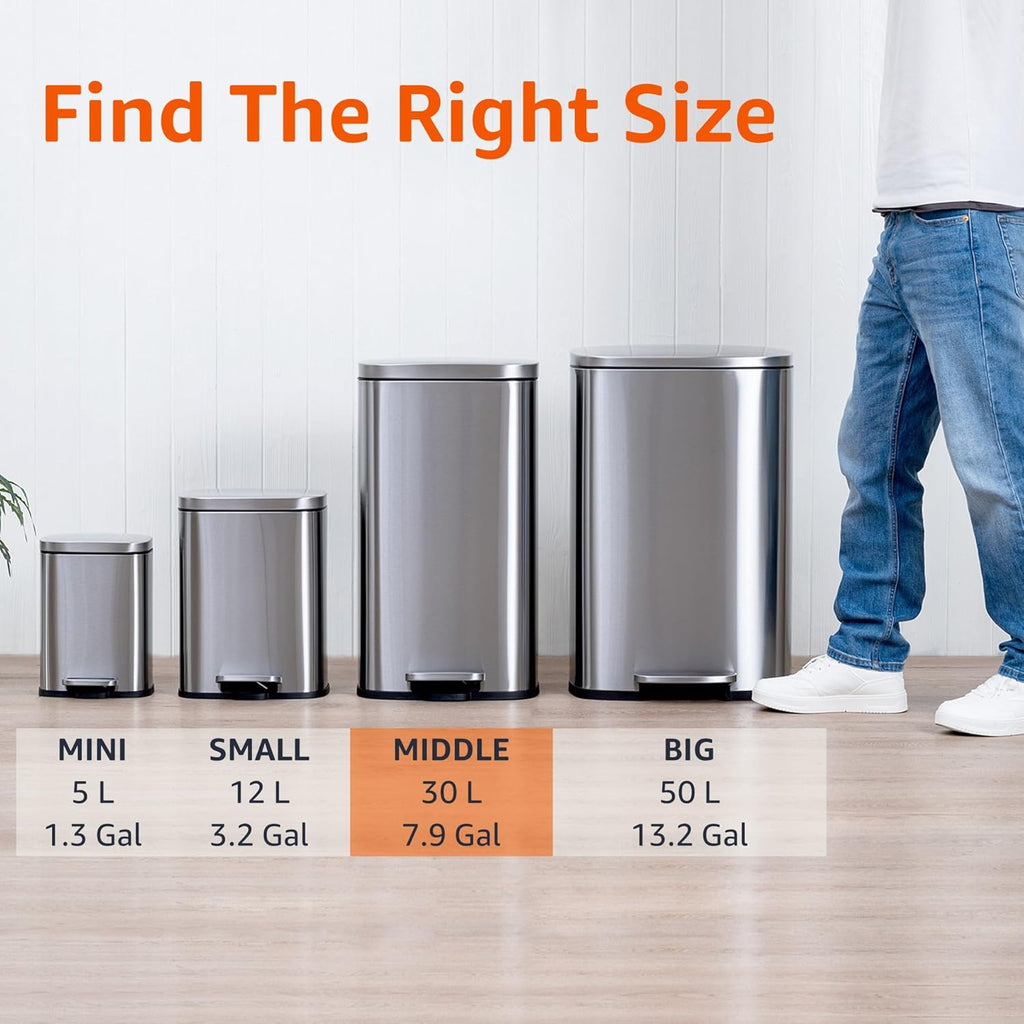Amazon Basics Smudge Resistant Rectangular Trash Can With Soft-Close Foot Pedal, Brushed Stainless Steel, 30L/7.9 Gal, 13.8x11.8x25 in, Satin Nickel Finish