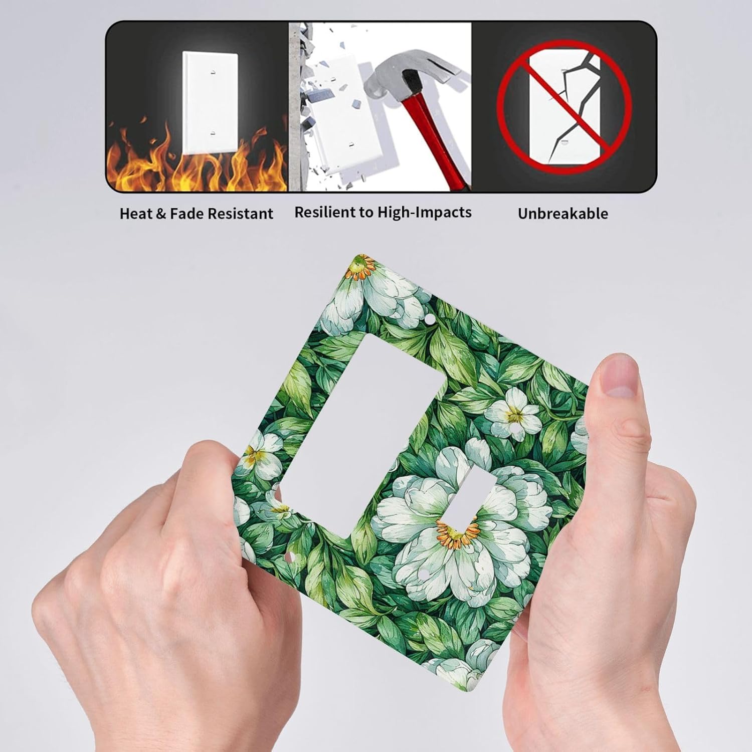 Vintage Floral White Flowers Green Plants Leaves Outlet Covers 1 Toggle 1 Rocker Combination Light Switch Cover Plate Decorative Wall Plate Electrical Switch Plates for Bedroom Bathroom